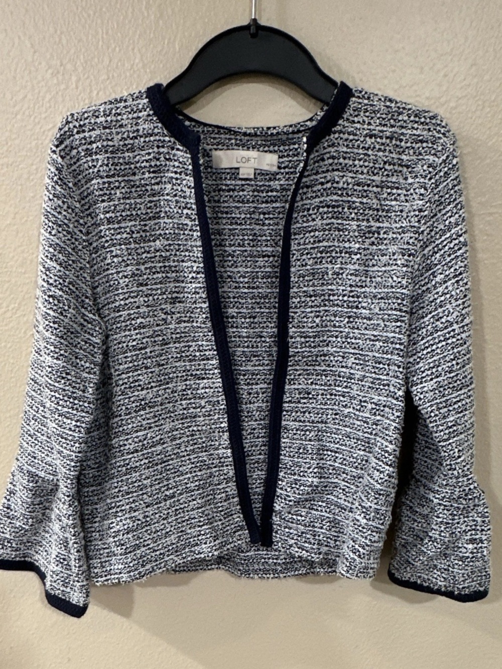 LOFT Navy and White Open-Front Textured Cardigan